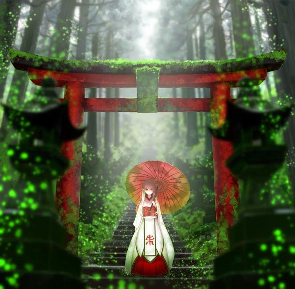 Anime picture 2056x2012 with original pen (pixiv257621) single long hair looking at viewer fringe highres red eyes white hair traditional clothes japanese clothes miko girl plant (plants) tree (trees) umbrella oriental umbrella torii