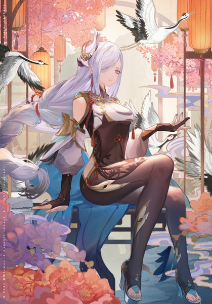 Anime picture 2794x4000 with genshin impact shenhe (genshin impact) transparent (artist) single long hair tall image fringe highres sitting looking away silver hair braid (braids) hair over one eye single braid silver eyes expressionless girl hair ornament flower (flowers) animal