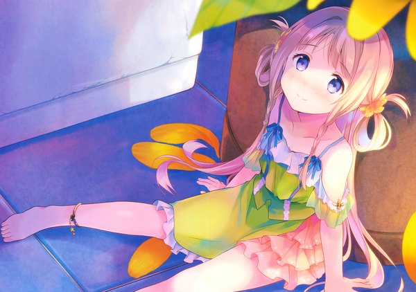 Anime picture 3410x2400 with ousaka nozomi single long hair looking at viewer blush fringe highres blonde hair smile sitting purple eyes absurdres braid (braids) very long hair barefoot from above scan arm support bare legs twin braids