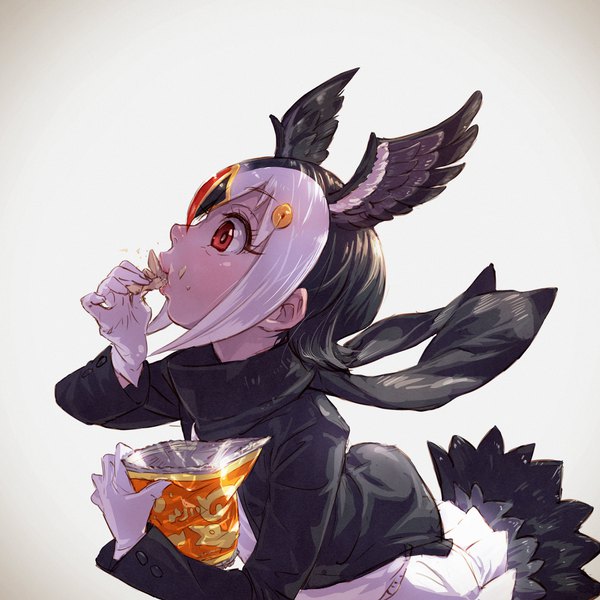 Anime-Bild 1920x1920 mit kemono friends atlantic puffin (kemono friends) takami masahiro single fringe highres short hair black hair simple background hair between eyes red eyes looking away upper body white hair tail animal tail profile multicolored hair two-tone hair eating