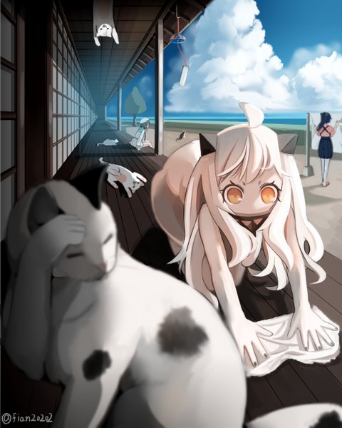 Anime picture 1000x1249 with kantai collection northern ocean hime houshou light aircraft carrier error musume (kantai collection) batsubyou nasubi (fian0202) long hair tall image sitting multiple girls yellow eyes sky cloud (clouds) ahoge white hair traditional clothes japanese clothes horn (horns) loli looking down