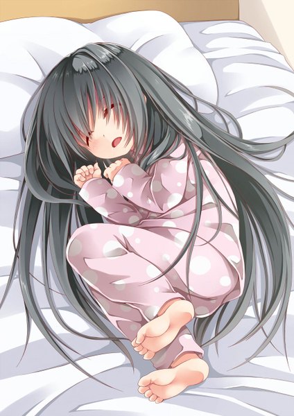 Anime picture 1000x1414 with original creek (moon-sky) single tall image fringe open mouth black hair lying eyes closed very long hair profile barefoot loli sleeping embryo's pose girl pillow bed pajamas