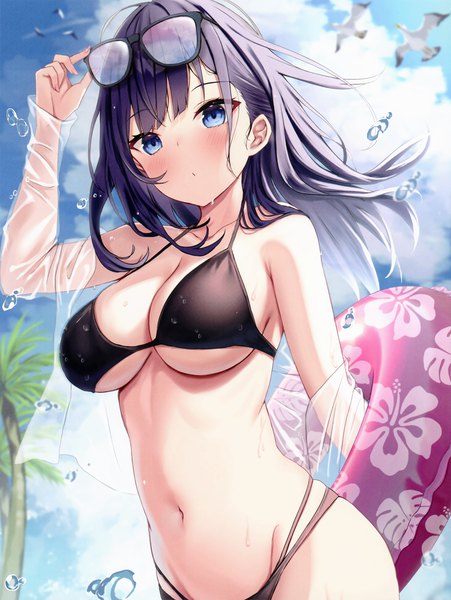 Anime picture 2256x3000 with original akino ell single long hair tall image looking at viewer blush fringe highres breasts blue eyes light erotic black hair large breasts standing sky cleavage cloud (clouds) outdoors arm up