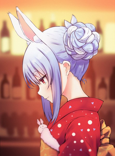 Anime picture 2588x3500 with virtual youtuber hololive usada pekora usada pekora (2nd costume) pikao single long hair tall image highres red eyes animal ears payot blue hair upper body braid (braids) traditional clothes japanese clothes profile hair bun (hair buns) bunny ears
