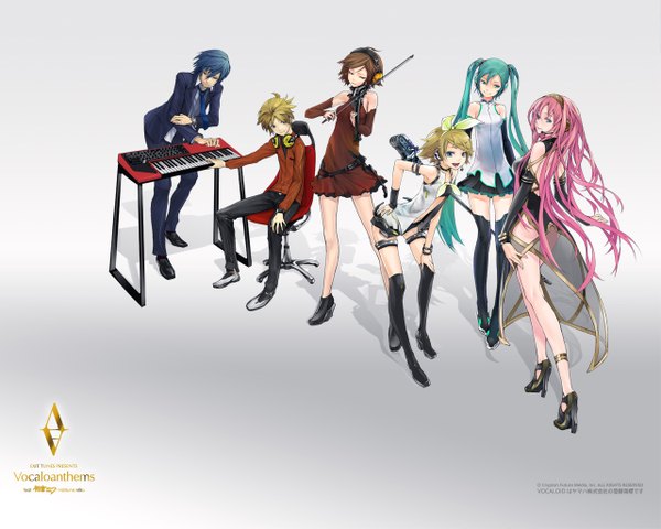 Anime picture 1280x1024 with vocaloid hatsune miku megurine luka kagamine rin kagamine len kaito (vocaloid) meiko redjuice nil (artist) long hair short hair blue eyes simple background blonde hair smile red eyes brown hair sitting twintails bare shoulders