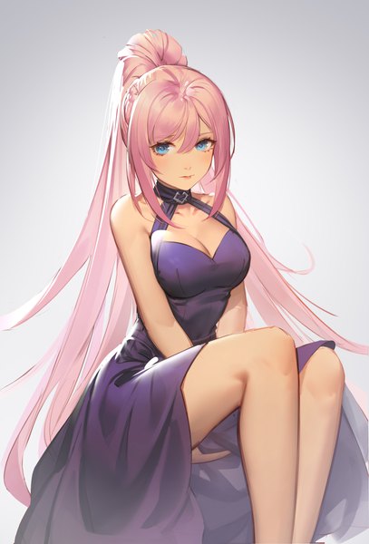 Anime picture 3694x5446 with tales of (series) tales of arise shionne (tales) q18607 single long hair tall image looking at viewer blush fringe highres breasts blue eyes simple background hair between eyes sitting bare shoulders payot pink hair absurdres