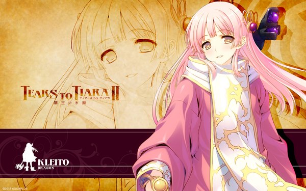 Anime picture 1920x1200 with tears to tiara ii kleito single long hair looking at viewer blush fringe highres smile wide image yellow eyes pink hair game cg inscription official art girl dress hair ornament bracelet staff
