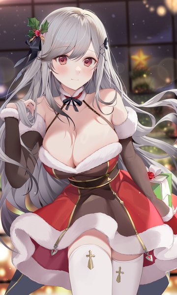 Anime picture 2588x4308 with azur lane dunkerque (azur lane) ion (on01e) single long hair tall image looking at viewer blush fringe highres breasts light erotic smile red eyes large breasts bare shoulders cleavage long sleeves grey hair night