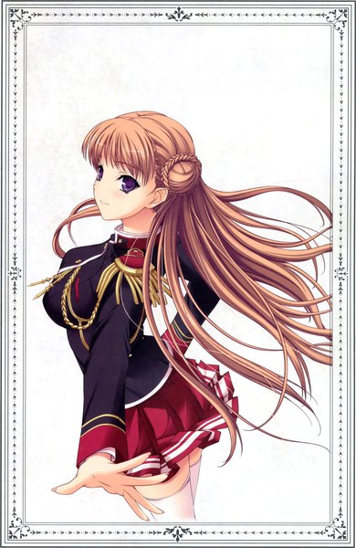 Anime picture 1963x3018 with walkure romanze noel marres ascot komori kei single long hair tall image looking at viewer blush fringe highres breasts simple background brown hair large breasts white background purple eyes blunt bangs braid (braids) pleated skirt looking back
