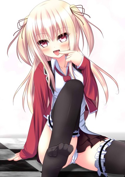 Anime picture 1306x1845 with original nyarumi long hair tall image blush light erotic simple background blonde hair red eyes white background twintails legs finger to mouth short twintails pantyshot sitting :p girl thighhighs ribbon (ribbons) black thighhighs