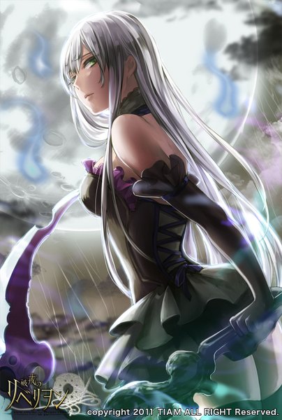 Anime picture 1000x1484 with violation of rebellion (game) rebellion single long hair tall image looking at viewer fringe bare shoulders green eyes silver hair cloud (clouds) from below magic girl dress gloves ribbon (ribbons) weapon black gloves elbow gloves