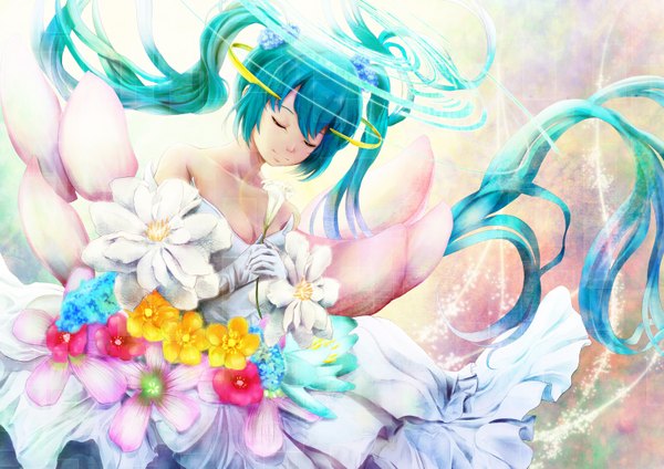 Anime picture 1518x1075 with vocaloid hatsune miku museum2088 single long hair twintails eyes closed aqua hair girl dress gloves flower (flowers) elbow gloves