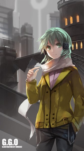 Anime picture 690x1228 with sword art online a-1 pictures asada shino swd3e2 single tall image short hair aqua eyes light smile aqua hair hand in pocket girl hair ornament jacket scarf