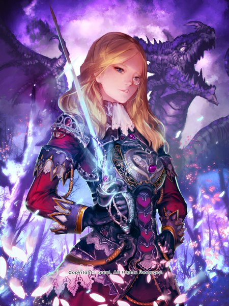 Anime picture 600x800 with instant-ip single long hair tall image looking at viewer short hair blue eyes blonde hair horn (horns) teeth fang (fangs) fantasy purple background girl gloves weapon plant (plants) petals sword wings
