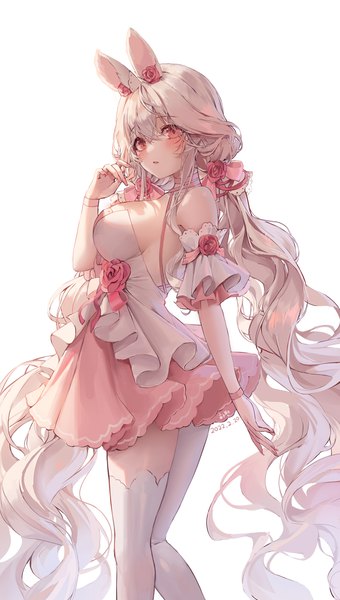 Anime picture 1247x2200 with original shiro albino single tall image looking at viewer blush fringe breasts open mouth light erotic simple background hair between eyes large breasts standing white background twintails animal ears silver hair bent knee (knees) very long hair