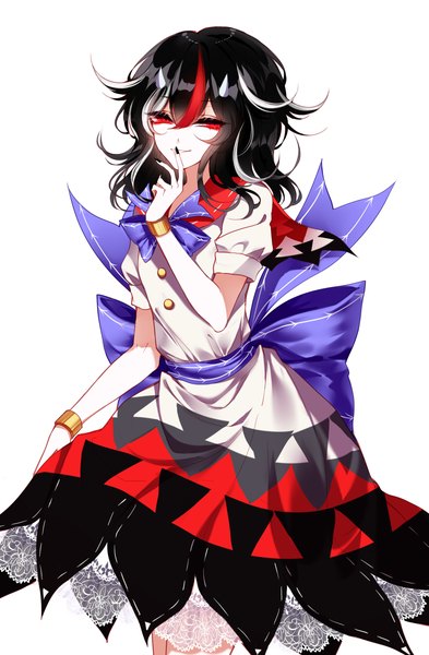 Anime picture 1800x2750 with touhou kijin seija sheya single long hair tall image looking at viewer fringe highres black hair simple background smile hair between eyes red eyes white background nail polish parted lips multicolored hair horn (horns) streaked hair
