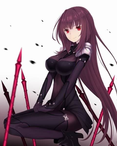 Anime picture 960x1200 with fate (series) fate/grand order scathach (fate) (all) scathach (fate) kiyomin single long hair tall image looking at viewer fringe breasts light erotic simple background smile red eyes large breasts white background purple hair depth of field squat