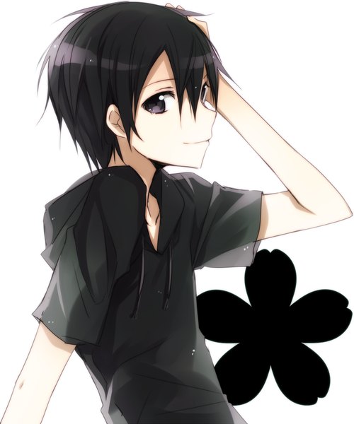 Anime picture 834x1000 with sword art online a-1 pictures kirigaya kazuto jianmo sl single tall image looking at viewer short hair black hair simple background smile white background profile black eyes boy flower (flowers)