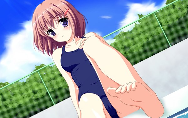 Anime picture 1920x1200 with original kakesu single looking at viewer blush highres short hair light erotic smile brown hair purple eyes girl hair ornament swimsuit hairclip one-piece swimsuit school swimsuit