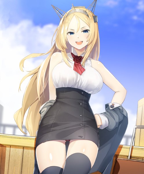 Anime picture 829x1000 with kantai collection nelson (kantai collection) meth (emethmeth) single long hair tall image looking at viewer blush fringe breasts open mouth blue eyes light erotic blonde hair hair between eyes large breasts standing bare shoulders payot sky