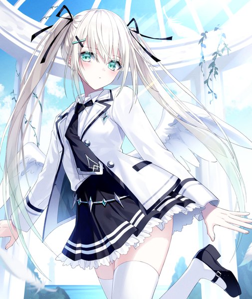 Anime picture 1000x1188 with original kazunehaka single long hair tall image looking at viewer blush fringe hair between eyes standing twintails payot sky silver hair cloud (clouds) outdoors long sleeves head tilt pleated skirt aqua eyes