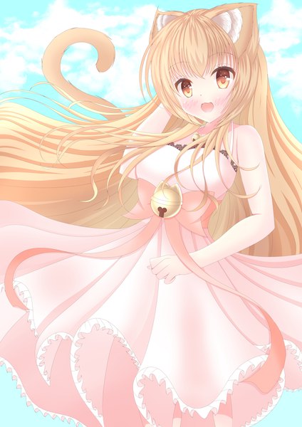 Anime picture 2894x4093 with original nekogami sakura single long hair tall image looking at viewer blush fringe highres open mouth blonde hair smile red eyes bare shoulders animal ears cloud (clouds) tail :d animal tail arm up