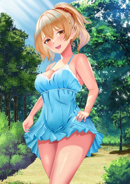 Anime picture 3508x4961 with genshin impact yoimiya (genshin impact) ronikx art single tall image looking at viewer blush fringe highres short hair breasts open mouth light erotic blonde hair smile hair between eyes large breasts bare shoulders yellow eyes absurdres