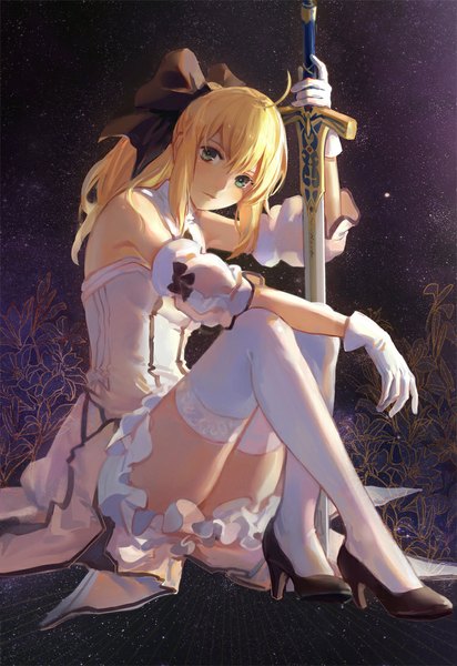 Anime picture 750x1090 with fate (series) fate/extra fate/extra ccc type-moon nero claudius (fate) (all) nero claudius (bride) (fate) achyue single long hair tall image blonde hair sitting bare shoulders green eyes revision girl thighhighs gloves bow weapon
