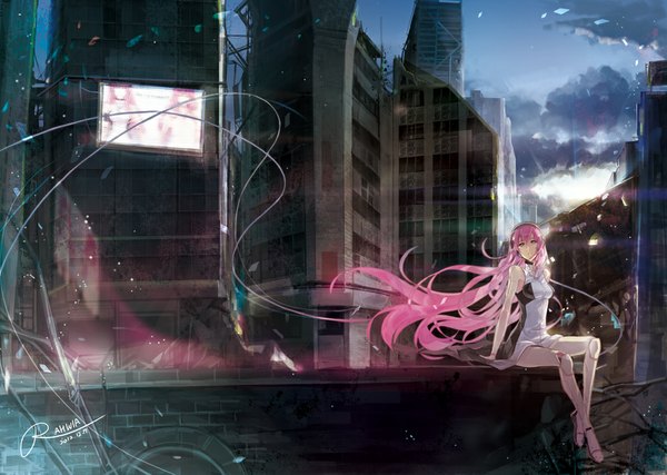 Anime picture 1000x713 with vocaloid megurine luka rahwia single long hair looking at viewer fringe blue eyes sitting bare shoulders signed pink hair sky cloud (clouds) wind sunlight crossed legs city cityscape ruins
