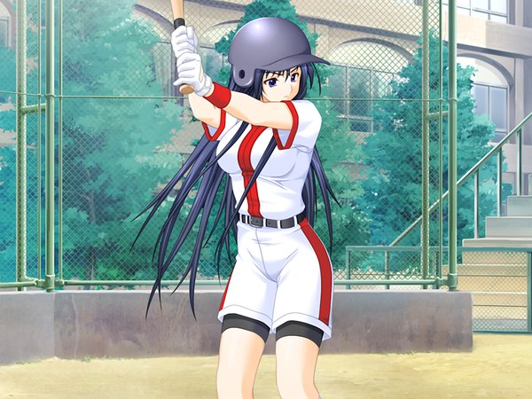 Anime picture 1024x768 with cheerfull! giga tagme (character) tachibana miyuki single long hair fringe breasts blue eyes black hair hair between eyes standing holding looking away game cg outdoors wind pinky out playing sports baseball
