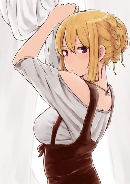 Anime picture 2508x3541 with original kinpatsu-chan (rutchifu) rutchifu single long hair tall image looking at viewer blush fringe highres breasts blonde hair hair between eyes large breasts purple eyes bare shoulders payot upper body braid (braids) looking back