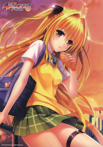 Anime picture 2773x3955 with toloveru toloveru darkness xebec konjiki no yami yabuki kentarou single tall image looking at viewer blush fringe highres open mouth blonde hair hair between eyes red eyes sky very long hair scan two side up copyright name