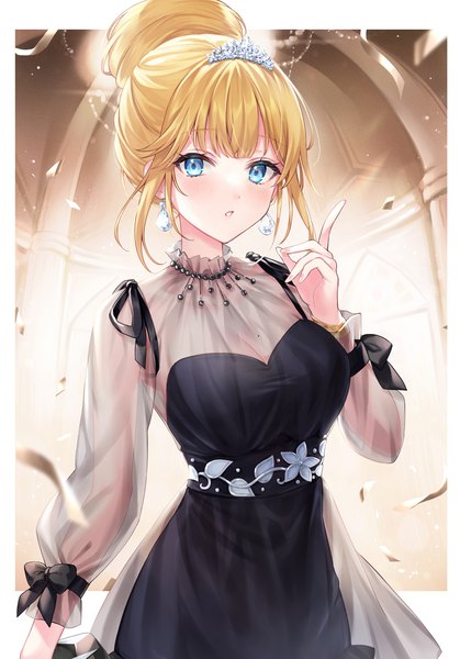 Anime picture 938x1344 with virtual youtuber hololive hololive english watson amelia shiao single tall image fringe short hair blue eyes blonde hair payot blunt bangs hair bun (hair buns) official alternate costume border outside border girl dress earrings