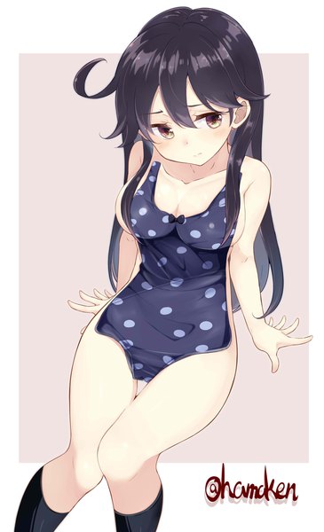 Anime picture 2800x4600 with kantai collection ushio destroyer hamaken. (novelize) single long hair tall image blush fringe highres breasts light erotic black hair hair between eyes large breasts sitting brown eyes signed cleavage ahoge from above