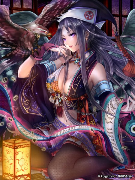 Anime picture 750x1000 with original pisuke single long hair tall image breasts light erotic black hair purple eyes girl dress navel hat animal wings bird (birds) jewelry scroll falcon