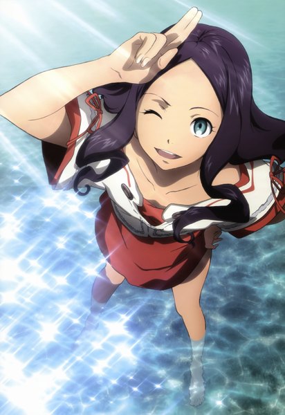 Anime picture 4088x5943 with eureka seven eureka seven ao studio bones nyantype arata naru single long hair tall image highres open mouth blue eyes black hair absurdres one eye closed wink official art looking up girl water