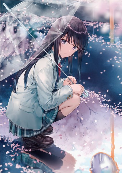 Anime picture 800x1131 with original hiten (hitenkei) single long hair tall image looking at viewer fringe black hair purple eyes holding full body outdoors blunt bangs long sleeves cherry blossoms turning head plaid skirt reflection squat transparent umbrella
