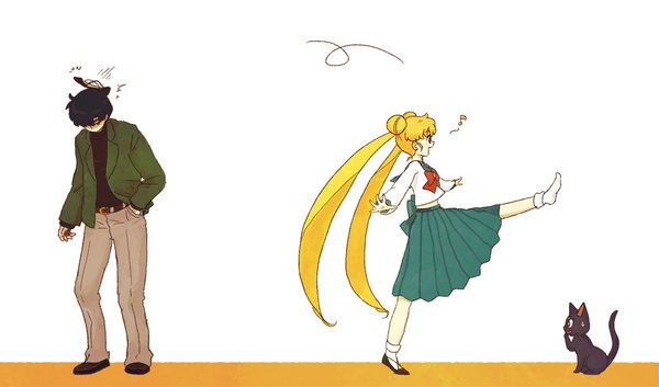 Anime picture 1104x650 with bishoujo senshi sailor moon toei animation tsukino usagi chiba mamoru luna (sailor moon) pika (korok) short hair black hair simple background blonde hair wide image white background twintails full body very long hair pleated skirt hair bun (hair buns) leaning leaning forward leg lift (legs lift)