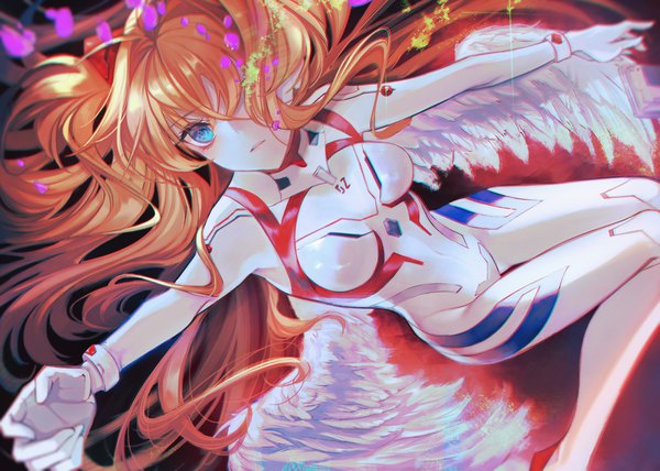 Anime picture 4175x2976 with neon genesis evangelion rebuild of evangelion evangelion: 3.0+1.0 thrice upon a time gainax soryu asuka langley shikinami asuka langley fuyuumikou single long hair fringe highres blue eyes looking away absurdres hair over one eye orange hair spread arms white wings girl wings