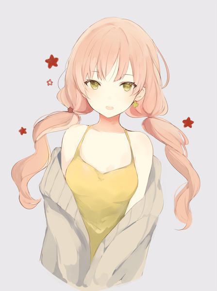 Anime picture 650x872 with original lpip single long hair tall image looking at viewer blush fringe open mouth simple background twintails bare shoulders yellow eyes upper body orange hair grey background open clothes wavy hair girl earrings