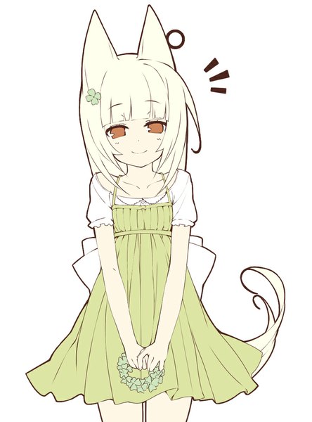 Anime picture 740x1000 with original nekomu single long hair tall image blonde hair simple background smile white background brown eyes animal ears tail animal tail fox ears fox tail girl dress bow earrings hoop earrings