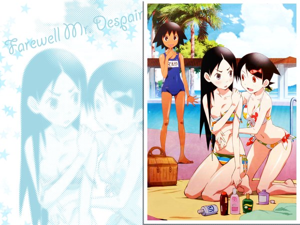 Anime picture 1600x1200 with sayonara zetsubou sensei shaft (studio) kitsu chiri fuura kafuka sekiutsu maria tarou light erotic swimsuit one-piece swimsuit school swimsuit