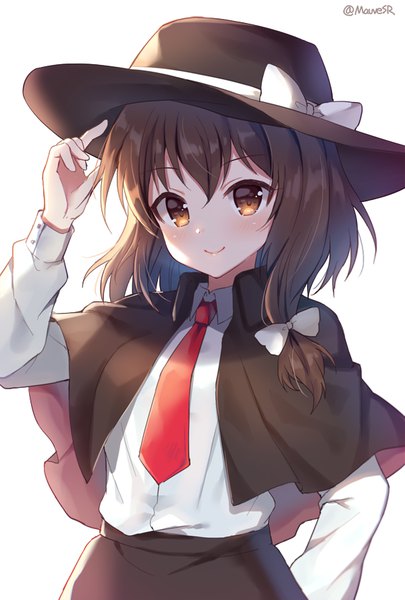 Anime picture 600x888 with touhou usami renko mauve single long hair tall image blush fringe simple background smile hair between eyes brown hair white background signed upper body arm up orange eyes twitter username shaded face tress ribbon