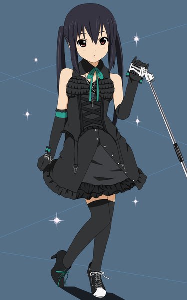 Anime picture 1200x1920 with k-on! kyoto animation nakano azusa yunotimo (artist) tall image black hair brown eyes girl thighhighs dress gloves black thighhighs elbow gloves black dress microphone