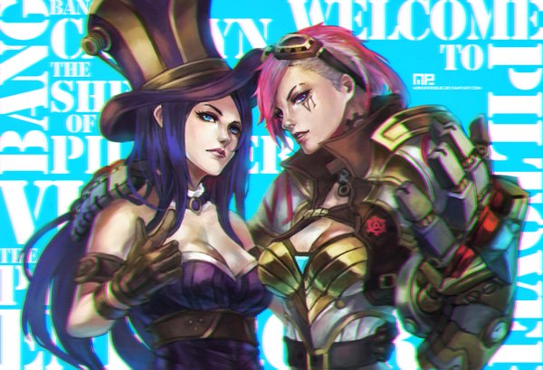 Anime picture 3081x2101 with league of legends caitlyn (league of legends) vi (league of legends) monori rogue long hair highres short hair breasts blue eyes multiple girls blue hair pink hair absurdres lips tattoo facial mark goggles on head undercut girl gloves