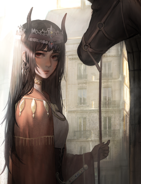 Anime picture 1688x2200 with original usukuchi (impasto life) single long hair tall image looking at viewer blush fringe black hair red eyes outdoors horn (horns) shaded face girl dress hair ornament weapon animal sword choker