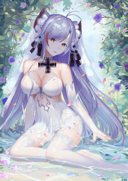 Anime picture 3508x4961 with azur lane prinz eugen (azur lane) prinz eugen (symphonic fate) (azur lane) rinmmo single long hair tall image looking at viewer fringe highres breasts light erotic hair between eyes large breasts sitting bare shoulders brown eyes absurdres cleavage silver hair