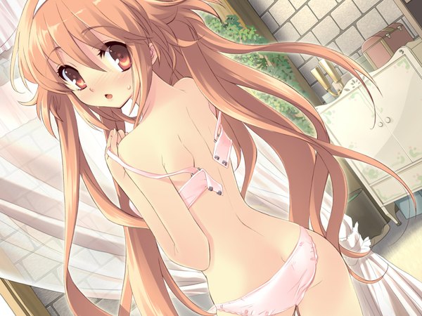 Anime picture 1600x1200 with alice parade miori (alice parade) itou noiji single long hair looking at viewer blush fringe open mouth light erotic brown hair brown eyes animal ears game cg ass from behind underwear only girl underwear panties