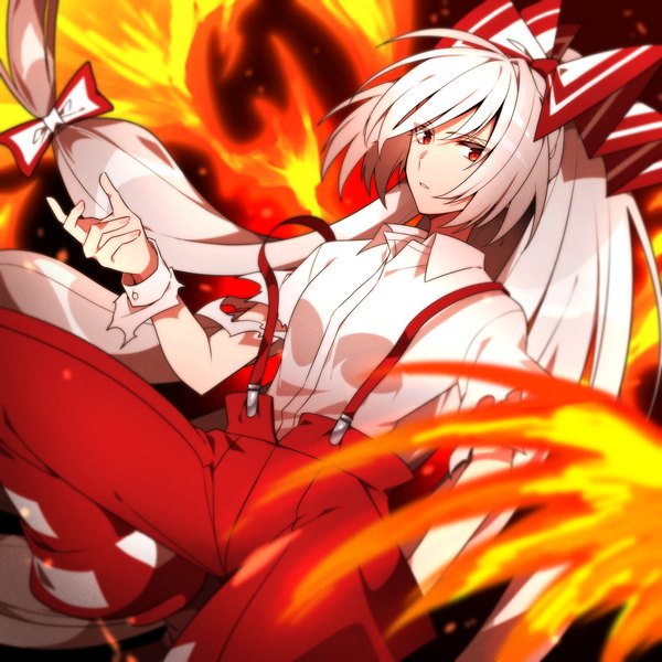 Anime picture 2251x2251 with touhou fujiwara no mokou kamenozoki momomo single looking at viewer highres red eyes silver hair ponytail very long hair torn clothes hand in pocket girl bow hair bow shirt white shirt fire suspenders