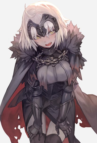 Anime picture 960x1400 with fate (series) fate/grand order jeanne d'arc (fate) (all) jeanne d'arc alter (fate) lack single tall image looking at viewer blush fringe short hair breasts open mouth simple background blonde hair smile hair between eyes yellow eyes ahoge head tilt
